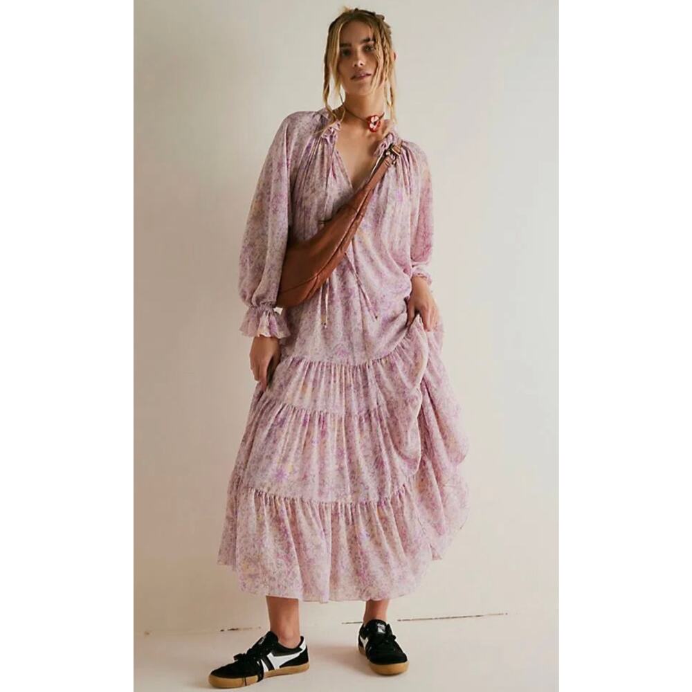 Free People Dress Feeling Groovy Maxi Pink Floral Coquette Tiered Boho Spring S